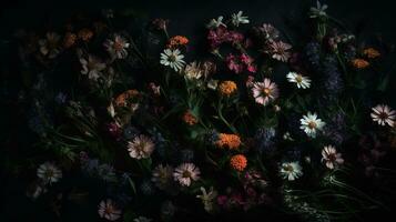 AI generated Wildflowers dark moody romantic background. Close-up floral banner. Ai generated photo