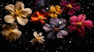 ai generado flores con gotas de agua oscuro temperamental romántico antecedentes. de cerca floral fondo. ai generado foto