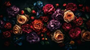 AI generated Roses dark moody romantic background. Close-up floral card backdrop. Ai generated photo