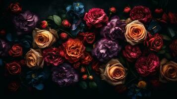 AI generated Roses dark moody romantic background. Close-up floral card backdrop. Ai generated photo