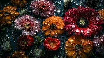 AI generated Flowers with drops of water dark moody romantic background. Close-up floral backdrop. Ai generated photo