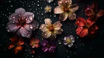 ai generado flores con gotas de agua oscuro temperamental romántico antecedentes. de cerca floral fondo. ai generado foto