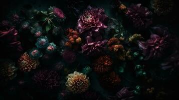 AI generated Flowers with drops of water dark moody romantic background. Close-up floral backdrop. Ai generated photo