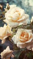 AI generated Blooming cream color roses with drops of water close-up background. Spring wallpaper. Ai generated photo