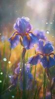 AI generated Blooming iris flowers with drops of water close-up background. Spring wallpaper. Ai generated photo