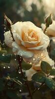 AI generated Blooming cream color roses with drops of water close-up background. Summer wallpaper. Ai generated photo