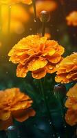 AI generated Blooming marigold flowers with drops of water close-up background. Summer wallpaper. Ai generated photo