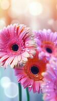 ai generado floreciente gerbera flores con gotas de agua de cerca antecedentes. floral fondo de pantalla. ai generado foto