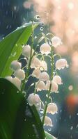 AI generated Close-up lily of the valley flowers with drops of water background. Ai generated photo