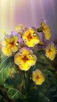 AI generated Blooming primrose flowers with drops of water close-up background. Ai generated photo