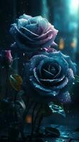 AI generated Blooming blue roses with drops of water close-up background. Ai generated photo