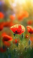 AI generated Blooming poppies flowers with drops of water close-up background. Spring wallpaper. Ai generated photo