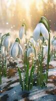 AI generated Blooming snowdrop flowers with drops of water close-up background. Summer wallpaper. Ai generated photo