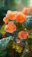 AI generated Blooming begonia flowers with drops of water close-up background. Spring wallpaper. Ai generated photo