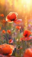 AI generated Close-up poppies flowers with water droplets background. Summer wallpaper. Ai generated photo