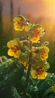 ai generado floreciente prímula flores con gotas de agua de cerca antecedentes. ai generado foto