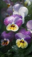 AI generated Close-up pansies flowers with drops of water background. Floral wallpaper. Ai generated photo