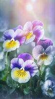 AI generated Blooming pansies flowers with drops of water close-up background. Summer wallpaper. Ai generated photo