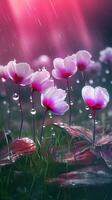 AI generated Blooming cyclamen flowers with drops of water close-up background. Spring wallpaper. Ai generated photo