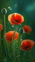 AI generated Close-up poppies with water droplets background. Ai generated photo