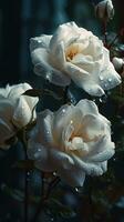 AI generated Close-up white roses with drops of water background. Floral wallpaper. Ai generated photo