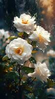 AI generated Blooming white roses with drops of water close-up background. Spring wallpaper. Ai generated photo