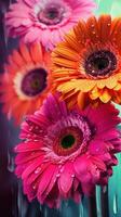 AI generated Blooming gerbera flowers with drops of water close-up background. Ai generated photo