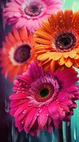 ai generado floreciente gerbera flores con gotas de agua de cerca antecedentes. ai generado foto