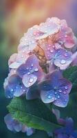 ai generado de cerca hortensia flores con gotas de agua antecedentes. floral fondo de pantalla. ai generado foto