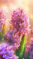 AI generated Blooming hyacinth flowers with drops of water close-up background. Spring wallpaper. Ai generated photo