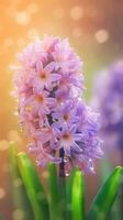 AI generated Blooming hyacinth flowers with drops of water close-up background. Summer wallpaper. Ai generated photo