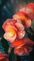 AI generated Blooming begonia flowers with drops of water close-up background. Spring wallpaper. Ai generated photo