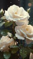 AI generated Close-up white roses with drops of water background. Floral wallpaper. Ai generated photo