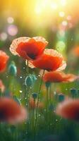 AI generated Close-up poppies flowers with water droplets background. Ai generated photo