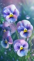 AI generated Close-up pansies flowers with water droplets background. Summer wallpaper. Ai generated photo