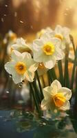 ai generado floreciente narciso flores con gotas de agua de cerca antecedentes. verano fondo de pantalla. ai generado foto