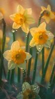 AI generated Blooming narcissus flowers with drops of water close-up background. Spring wallpaper. Ai generated photo