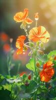 AI generated Blooming nasturtium flowers with drops of water close-up background. Ai generated photo
