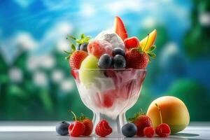 ai generado hielo crema decorado con frutas en el verano antecedentes foto