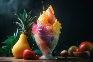 AI generated Ice cream decorated with fruits on the summer background photo