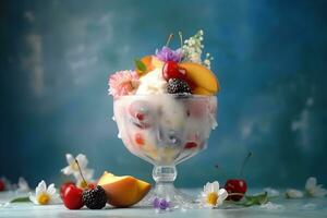 ai generado hielo crema decorado con frutas y flores en el verano antecedentes foto