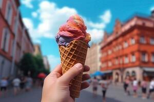 AI generated Hand holding ice cream on the background of a European city photo