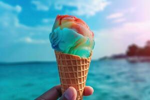 AI generated Hand holding ice cream on the background of the beach photo