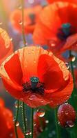 AI generated Blooming poppies flowers with drops of water close-up background. Summer wallpaper. Ai generated photo