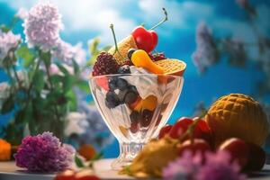 ai generado hielo crema decorado con frutas y flores en el verano antecedentes foto