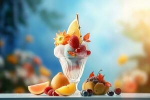 AI generated Ice cream decorated with fruits and flowers on the summer background photo