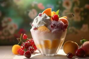 ai generado hielo crema decorado con frutas en el verano antecedentes foto