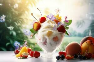 ai generado hielo crema decorado con frutas y flores en el verano antecedentes foto