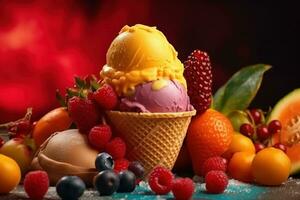 AI generated Ice cream decorated with fruits on the summer background photo