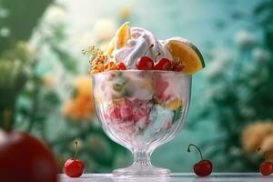 ai generado hielo crema decorado con frutas en el verano antecedentes foto